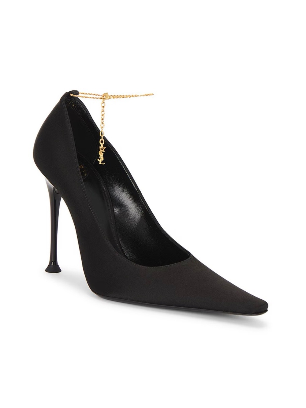 NWB Yves Saint Laurent Black Satin Pointed Stiletto Pumps with Gold Chain Heel